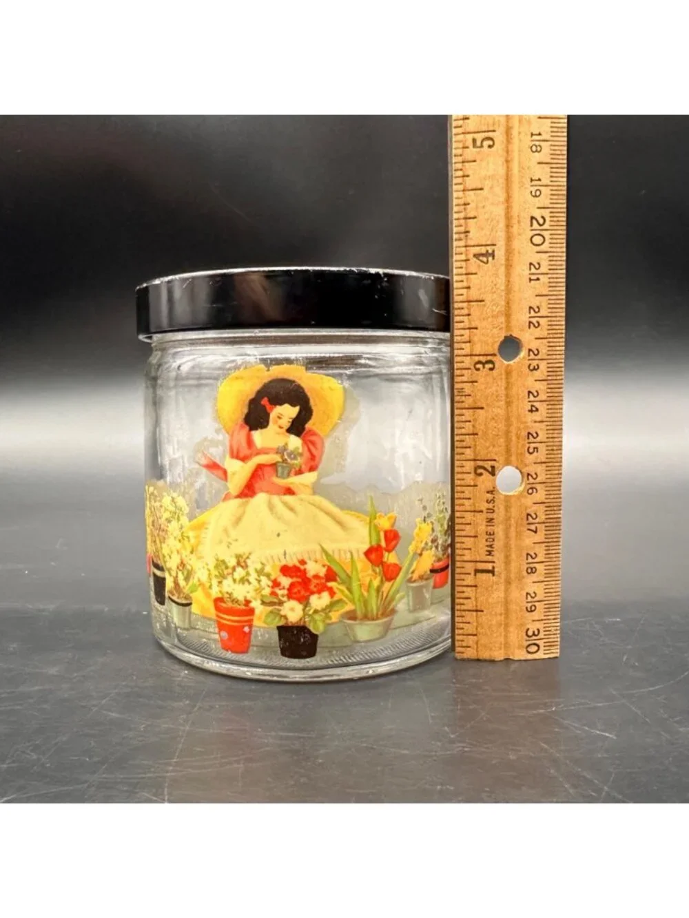 Vintage Glass Jar Black Lid Decoupage Woman Floral Garden Ball USA Mid Century